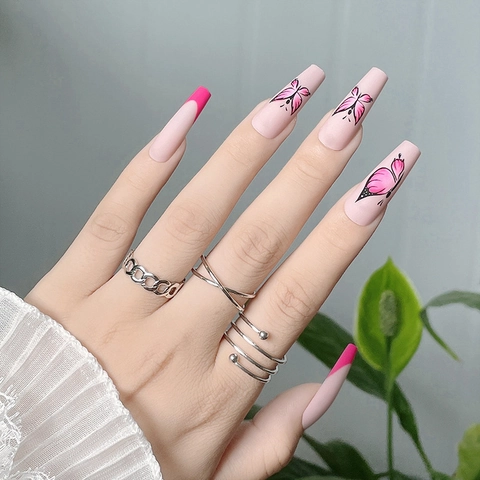 Uñas Postizas Francesas Rosa Mate Largas Ataúd Con Diseño De Mariposa Uñas Artificiales De Plástico Para Mujeres