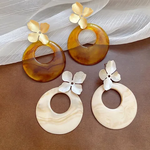 Flower Stud Hoop Earrings With 925 Sterling Silver Earring Post Resin Large Hollow Retro Statement Jewelry For Women