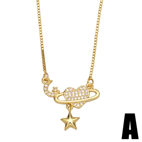 Star Moon Heart Pendant Necklace Copper 18K Gold Plated Zircon Planet Saturn Box Chain For Women Chic Jewelry
