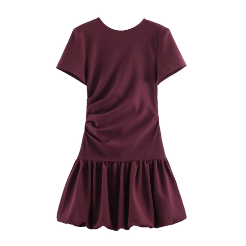 Weinrotes Rundhals Kurzarm Kleid Mit Ballon Saum Seitlich Gerafft Polyester Mode Mini Partykleid