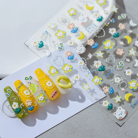 Pegatinas De Uñas En Relieve 3D Oso De Dibujos Animados Flor Estrella Luna Autoadhesivas DIY Nail Art Decoración Manicura