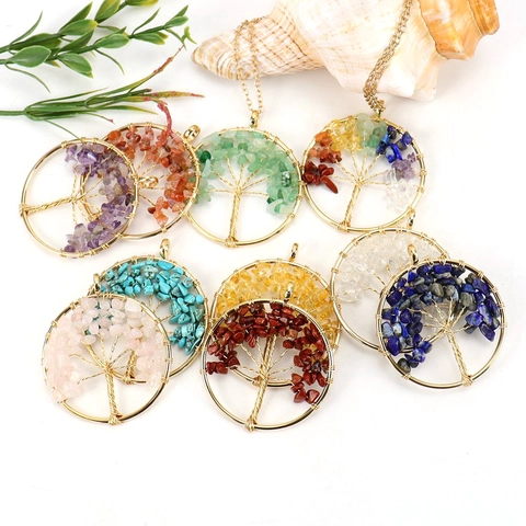 Tree Of Life Pendant Necklace Handmade Wire Wrapped Alloy With Crystal Gemstone Gravel Bohemian Retro Ethnic For Women