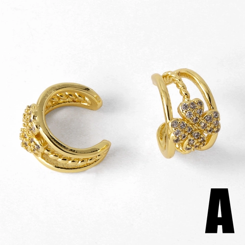 Geometric Gold Plated Copper C-Shaped Ear Cuffs For Women Zirconia Heart Clover Non-Pierced Minimalist Clip-On Earrings Jewelry