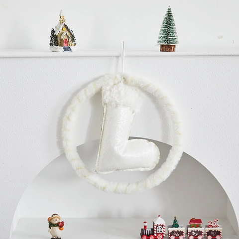 Corona De Navidad De Peluche Blanco Con Adorno Colgante De Calcetín De Lentejuelas Para Decoración De Pared De Árbol