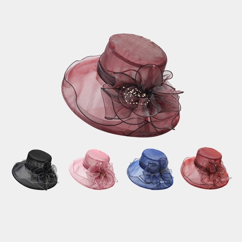 French Retro Organza Large Flower Dress Hat For Women Summer Breathable Wide Brim Mesh Sun Hat Elegant Party Fedora Hat