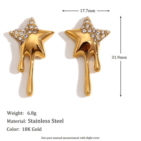 Molten Star Oorknopjes Roestvrij Staal 18K Verguld Met Strass Steentjes Vloeibaar Metaal Ontwerp Mode Voor Dames