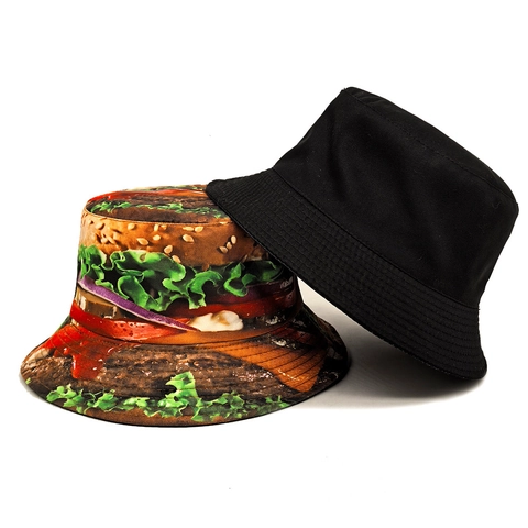 Realistic 3D Beef Burger Print Bucket Hat Reversible Polyester Novelty Funny Sun Protection Outdoor For Unisex