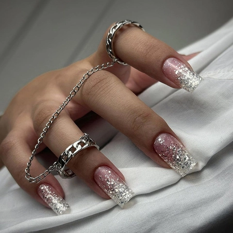 Uñas Postizas Presión Degradado Rosa Plata Brillo Brillante Cuadrado Ovalado Plástico ABS