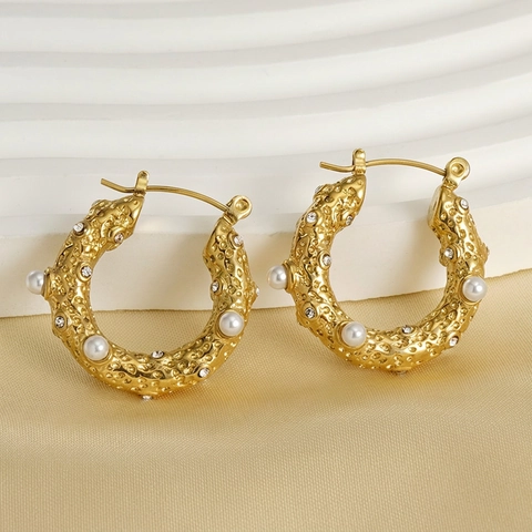 Orecchini A Cerchio A Forma Di U Placcati In Oro 18K In Acciaio Inossidabile Con Künstliche Perle E Strass Stile Retrò Per Donne