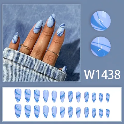 Unghie Press On Stiletto Lunghe Design Marmo Blu Onde D'acqua Unghie Finte Artificiali Lucide Per Donne Plastica ABS