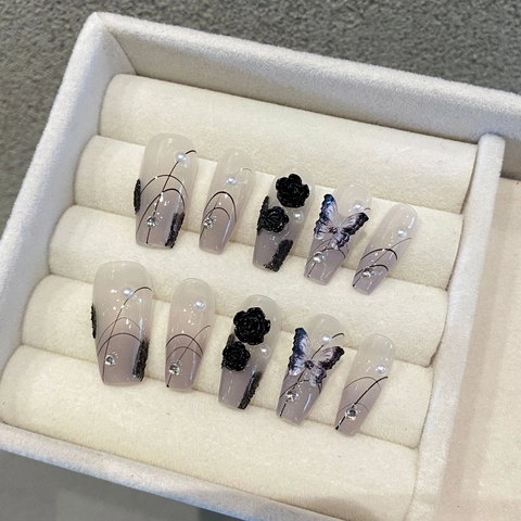 Press On Nails Coffin Shape 3D Handmade Black Resin Rose Artificial Pearl Rhinestone Butterfly Design Gothic Spice Girl For Women