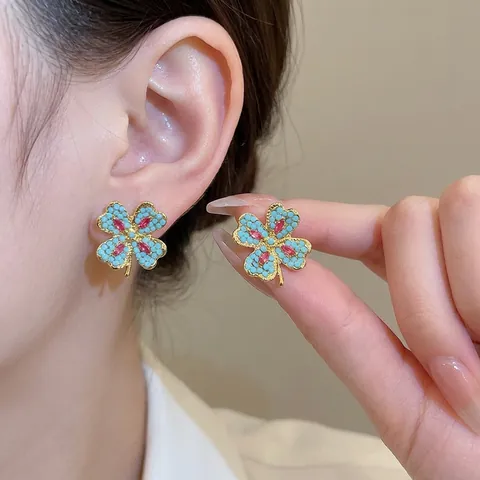 Kleeblatt Ohrstecker Mit Strass Und Perlen Legierung Vintage Stil Floraler Schmuck Mit Silbernem Ohrstift Für Frauen