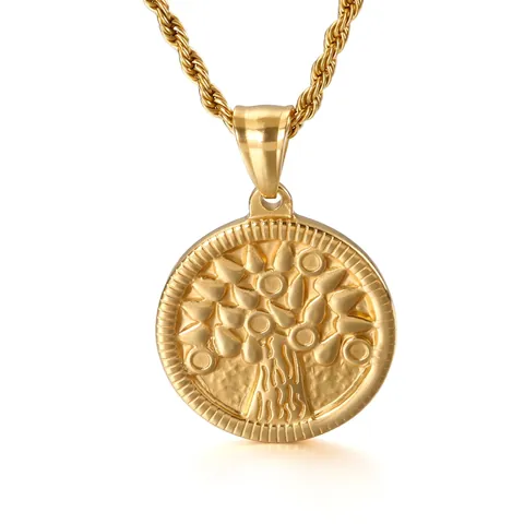 Collana Pendente Tondo Albero Della Vita Acciaio Inossidabile Medaglione Rilievo Gioielli Vintage Hip Hop Uomo Donna