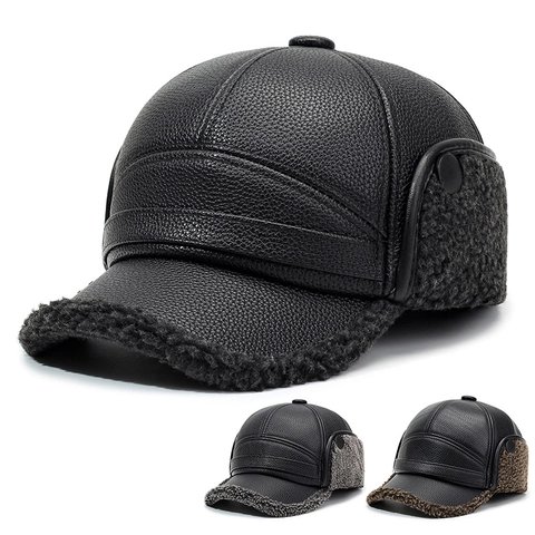 Cappello Da Baseball Invernale Uomo Pelle PU Caldo Paraorecchie Fodera Lana Di Agnello Sintetica Antivento Sport