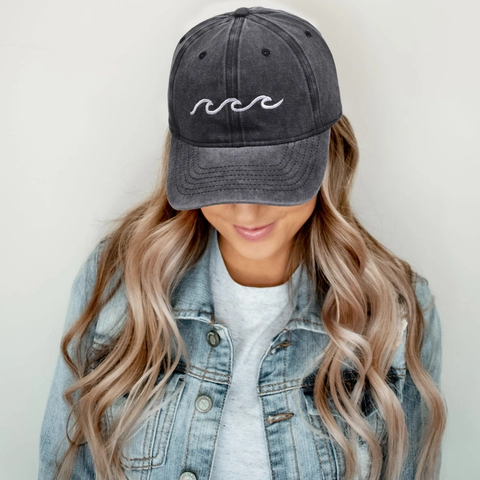 Washed Cotton Baseball Cap Retro Vintage Distressed Dad Hat With Wave Embroidery Adjustable For Adult Unisex Streetwear