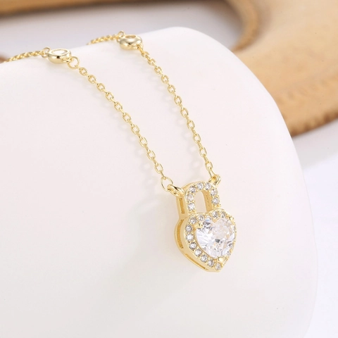925 Sterling Silver Heart Padlock Pendant Necklace Gold Plated Heart Cut Zirconia Minimalist Fashion Jewelry For Women
