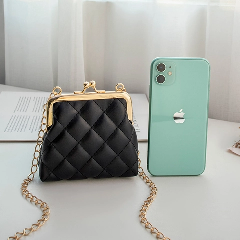Petit Sac Bandoulière Matelassé En Cuir PU Fermoir Baiser Porte-Monnaie Avec Chaîne Dorée Pochette Élégante Femmes