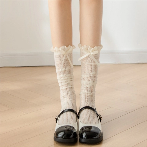 Damen Spitzen Wadenstrümpfe Japanischer JK Lolita Stil Rüschen Schleife Netz Hohl Süße Wadenhohe Socken