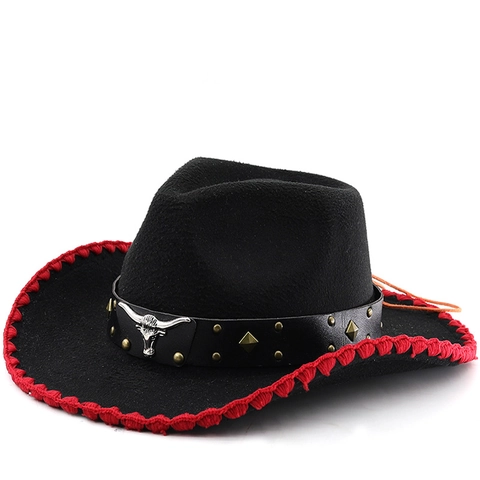 Western Cowboy Hat Polyester Felt Wide Brim With Metal Bull Head Rivets Leather Band Ethnic Retro For Men Women Casual