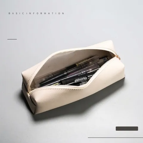 Minimalist PU Leather Pencil Case Portable Zippered Makeup Brush Storage Bag For Students Office Stationery Pouch