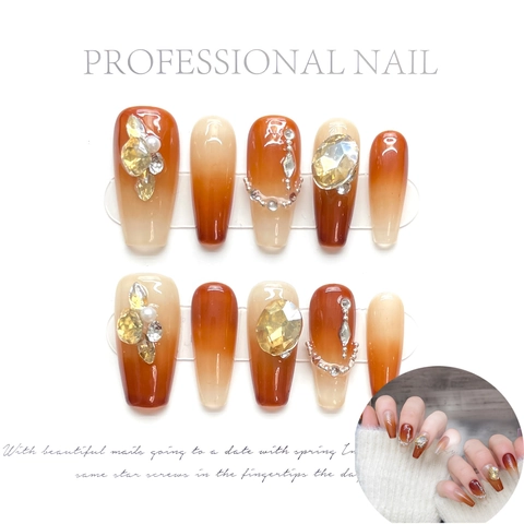 Handmade Press On Nails Gradient Long Coffin Fake Nails With Rhinestone Artificial Pearl Vintage Elegant French Style For Women
