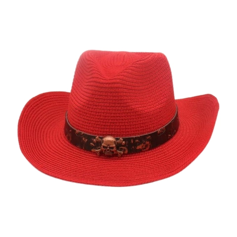 Chapeau de Paille Tissé Western Cowboy Avec Accessoire Crâne en Métal Ethnique Plage Voyage Chapeau de Soleil Pour Hommes Femmes Style Rétro Punk