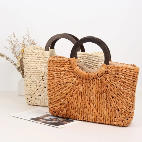 Handgemaakte Geweven Strooien Handtas Met Ronde Houten Handgreep Strandvakantie Grote Capaciteit Casual Mori Stijl Tas Voor Dames