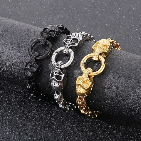 Men Byzantine Chain Bracelet Stainless Steel Skull Heads Clasp Punk Gothic Retro Rock Biker Jewelry Accessory