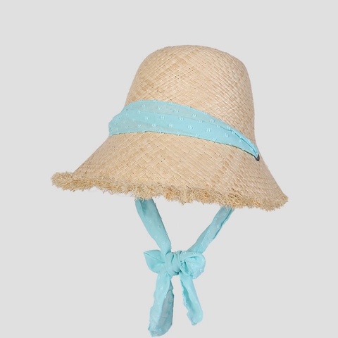 Chapeau De Soleil En Paille De Lafite Été Bord Effiloché Ruban Mousseline À Pois Élégant Casquette De Plage Pour Femmes