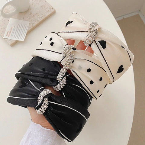 Satin Wide Headband With Rhinestone Knot Polka Dot Heart Patterns Elegant Korean Style Hair Accessories For Women