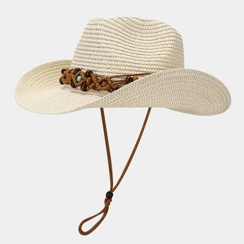 Western Cowboy Strohhut Gewebte Holzperlen Türkis Dekor Sonnenschutz Für Sommer Strandurlaub Herren Damen Verstellbar