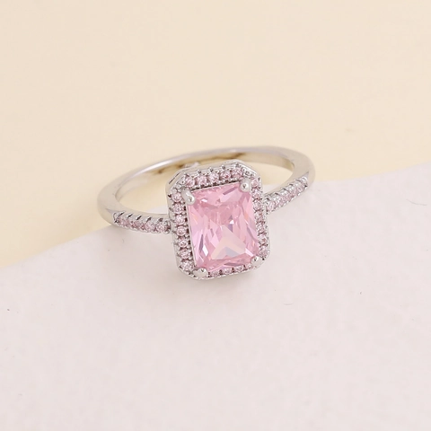 Anillo De Cobre Elegante Con Circonita Rosa Cuadrada Corte Esmeralda Engaste Halo Joyería De Moda Para Mujeres