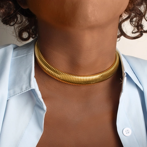 Stainless Steel Tubogas Choker Necklace And Elastic Ribbed Bangle Bracelet Vintage Retro Fashion For Women