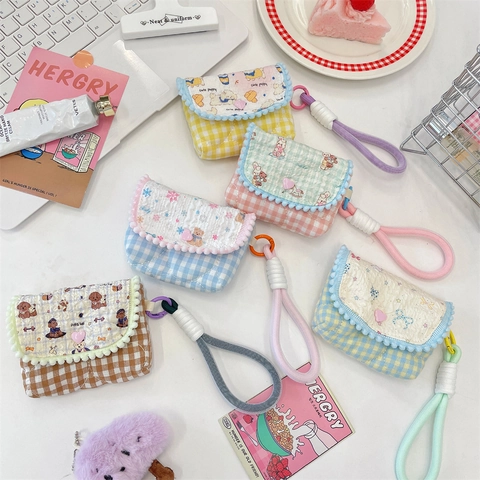 Mini Quilted Storage Bag Plaid Gingham Pattern Cartoon Animal Portable Travel Pouch For Earphones CCD Camera Cute INS Style