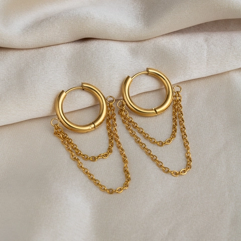 Layered Chain Hoop Earrings Stainless Steel 18K Gold Plated Tassel Dangle Geometric Minimalist Jewelry For Women