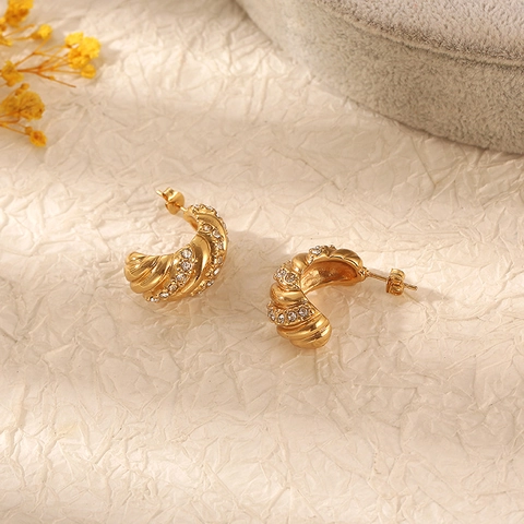 Französisch Luxus Croissant Ohrstecker Für Damen Edelstahl Eingelegt Strass Verdreht Gold C-förmige Creolen Schmuck