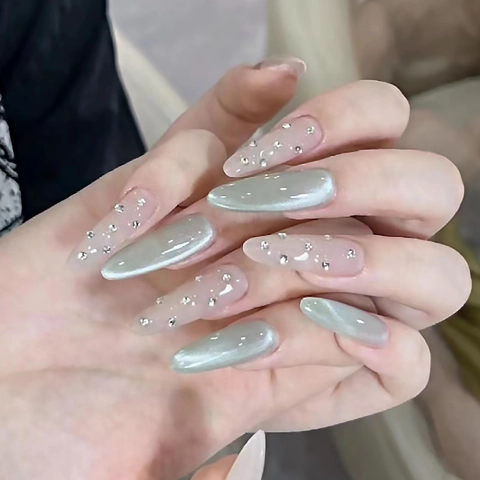 Uñas Postizas Press On Nails Almendras Largas Ojo De Gato Con Diamantes De Imitación Color Sólido Para Mujeres