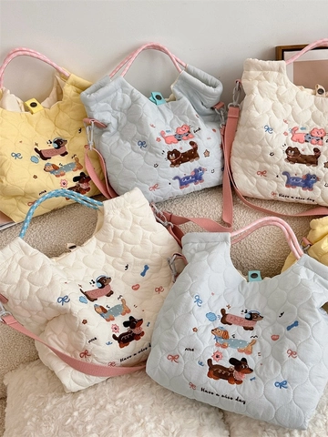 Bolso Tote Acolchado Bordado Animales Dibujos Animados Bolso De Hombro Acolchado Bandolera Informal Para Mujeres Niñas