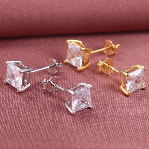 Klassische 925 Sterlingsilber Quadratische Zirkonia Ohrstecker Prinzessschliff Vier Krappen Gold Silber Schmuck Für Damen Herren