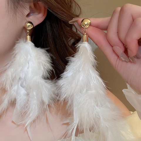 White Feather Tassel Drop Earrings With 925 Sterling Silver Earring Post For Women Vacation Bohemian Party Style