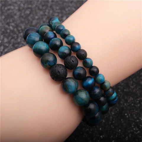 Blue Tiger Eye Naturstein Perlenarmband Mit Schwarzem Lava Vulkanstein Elastischer Heilender Schmuck Unisex Handgefertigt