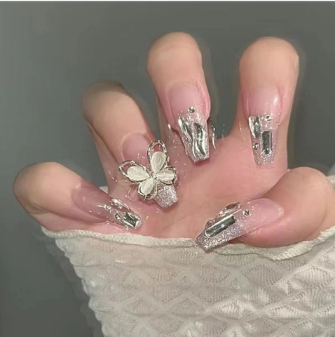 Faux Ongles Press On Style Français Paillettes Strass Papillon Artificiels Manucure Élégante Pour Femmes Cool