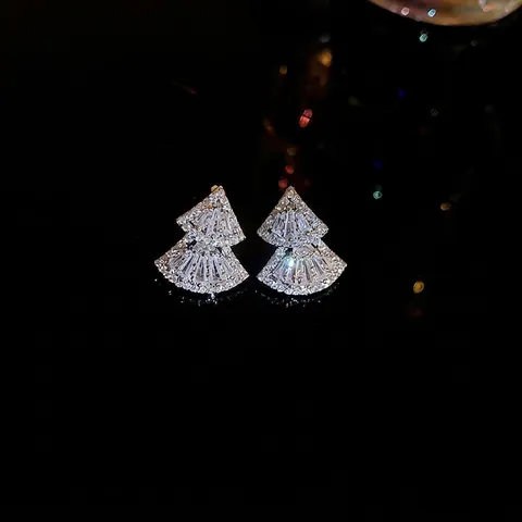 Orecchini A Ventaglio A Doppio Strato Con Zircone Geometrico Elegante Minimalista Per Donna Perno In Argento