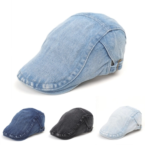 Retro Gewassen Denim Flat Cap Verstelbare Metalen Gesp Vintage Ivy Baret Hoed Voor Mannen Vrouwen Casual Newsboy Cap