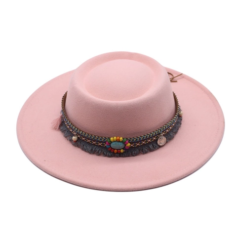 Chapeau Fedora Ethnique Vintage Sommet Plat Large Bord Jazz Hat Avec Bande Tissée Bohème Glands Turquoise Pour Hommes Femmes