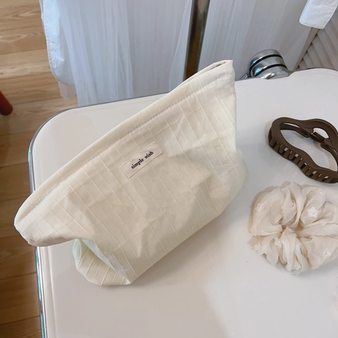 Borsa Da Toilette Minimalista In Tela Di Cotone Grande Capacità Texture A Righe Cerniera Pochette Trucco Da Viaggio Per Donna