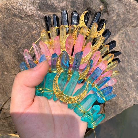 Boho Rohkristall Stirnband Handgemachte Mondkrone Göttin Tiara Gothik Haarschmuck Für Hochzeit Party