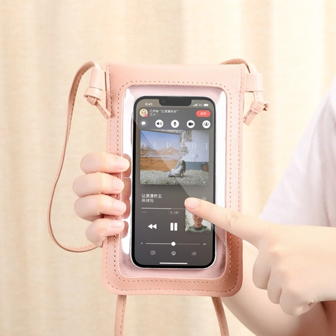 Women Crossbody Mobile Phone Bag Transparent Touchscreen PU Leather Mini Shoulder Purse Heart Buckle Retro Solid Color