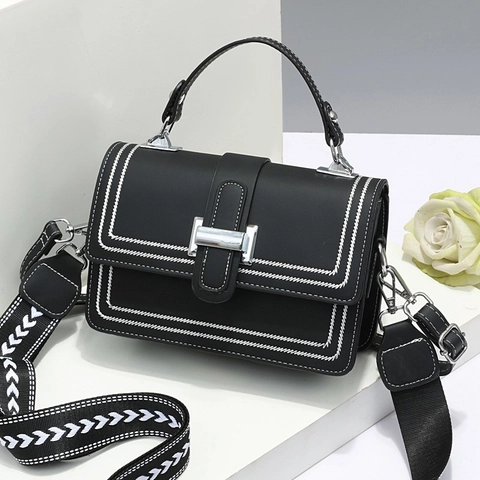 Fashion Women Square Crossbody Bag PU Leather Metal Buckle Wide Patterned Strap Contrast Stitching Handbag