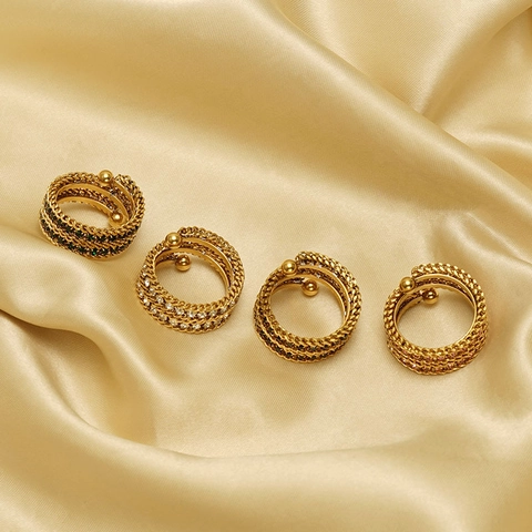 Fashionable Multi Layer Twisted Braided Stainless Steel Ring For Women 18K Gold Plated Adjustable Zircon Inlaid Jewelry